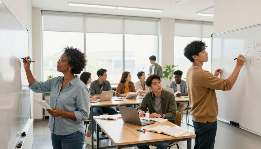 A bright, modern classroom setting where a diverse group of adults engages in hands-on learning activities. In the foreground, a middle-aged Black woman is writing on a whiteboard with colorful markers, while a young Asian man demonstrates a practical task using tools on a workbench. In the middle ground, other participants collaborate in small groups, discussing and sharing knowledge over open textbooks and laptops. The background features large windows with natural light flooding in, creating a warm and inviting atmosphere. The overall mood is one of active engagement and enthusiasm for learning, emphasizing the effectiveness of practice-by-doing strategies for memory retention. Use a wide-angle lens to capture the dynamic interactions and encourage a sense of belonging and teamwork. A bright, modern classroom setting where a diverse group of adults engages in hands-on learning activities. In the foreground, a middle-aged Black woman is writing on a whiteboard with colorful markers, while a young Asian man demonstrates a practical task using tools on a workbench. In the middle ground, other participants collaborate in small groups, discussing and sharing knowledge over open textbooks and laptops. The background features large windows with natural light flooding in, creating a warm and inviting atmosphere. The overall mood is one of active engagement and enthusiasm for learning, emphasizing the effectiveness of practice-by-doing strategies for memory retention. Use a wide-angle lens to capture the dynamic interactions and encourage a sense of belonging and teamwork.