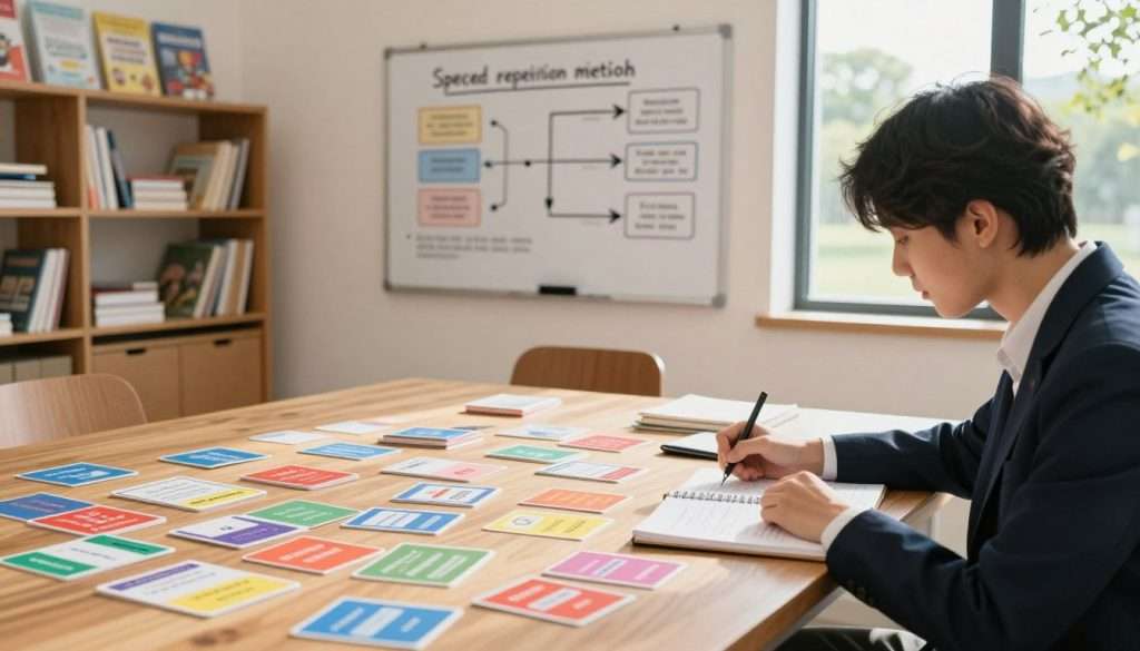 A bright, modern study room filled with natural light, featuring a large wooden table cluttered with colorful flashcards and notebooks. In the foreground, a focused student in professional attire is actively recalling information from one of the flashcards, writing notes diligently in a notebook. In the middle, a wall-mounted whiteboard displays a visual diagram illustrating the spaced repetition method with arrows and bullet points highlighting key concepts. In the background, a bookshelf holds various educational materials, while a large window shows a sunny outdoor scene. The atmosphere is motivational and energetic, emphasizing productivity and engagement in learning. Soft, warm lighting enhances the inviting feel of the space. A bright, modern study room filled with natural light, featuring a large wooden table cluttered with colorful flashcards and notebooks. In the foreground, a focused student in professional attire is actively recalling information from one of the flashcards, writing notes diligently in a notebook. In the middle, a wall-mounted whiteboard displays a visual diagram illustrating the spaced repetition method with arrows and bullet points highlighting key concepts. In the background, a bookshelf holds various educational materials, while a large window shows a sunny outdoor scene. The atmosphere is motivational and energetic, emphasizing productivity and engagement in learning. Soft, warm lighting enhances the inviting feel of the space.
