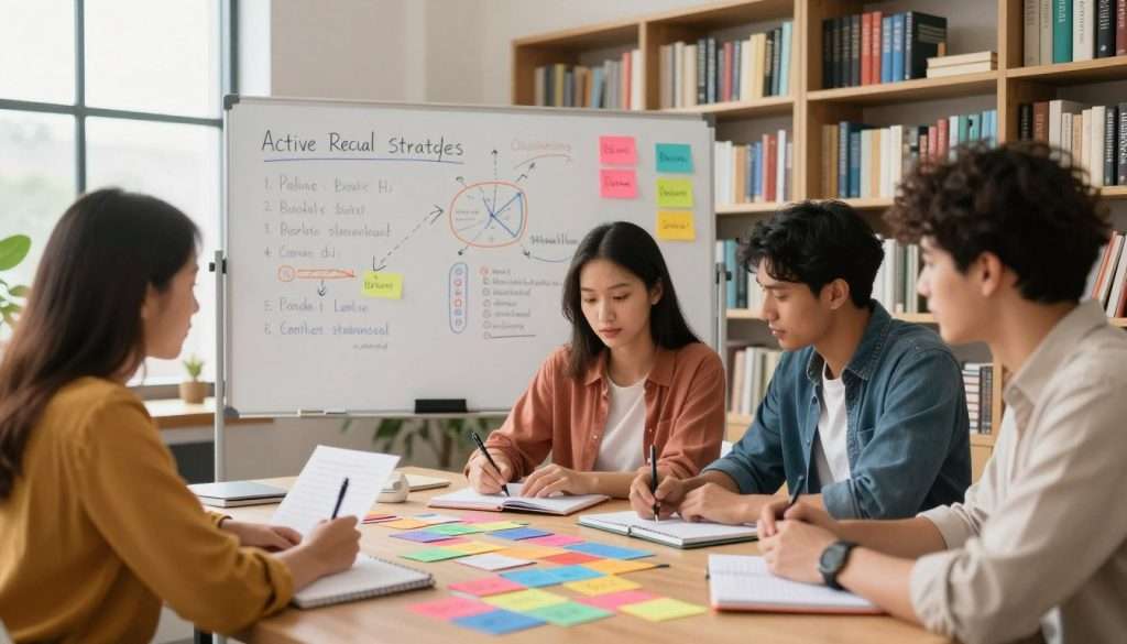 A bright, modern study space filled with vibrant colors. In the foreground, a diverse group of three professionals – a young woman and two men – are engaged in a dynamic study session, surrounded by colorful flashcards and notebooks. The middle ground features a large whiteboard filled with handwritten active recall strategies, colorful diagrams, and sticky notes showcasing keywords and concepts. The background displays tall bookshelves filled with educational books, and a large window letting in soft, natural light that creates a warm, inviting atmosphere. The scene captures a sense of focus and collaboration, highlighting the process of learning through active engagement. The lens should have a slight depth of field, emphasizing the group while gently blurring the background elements.