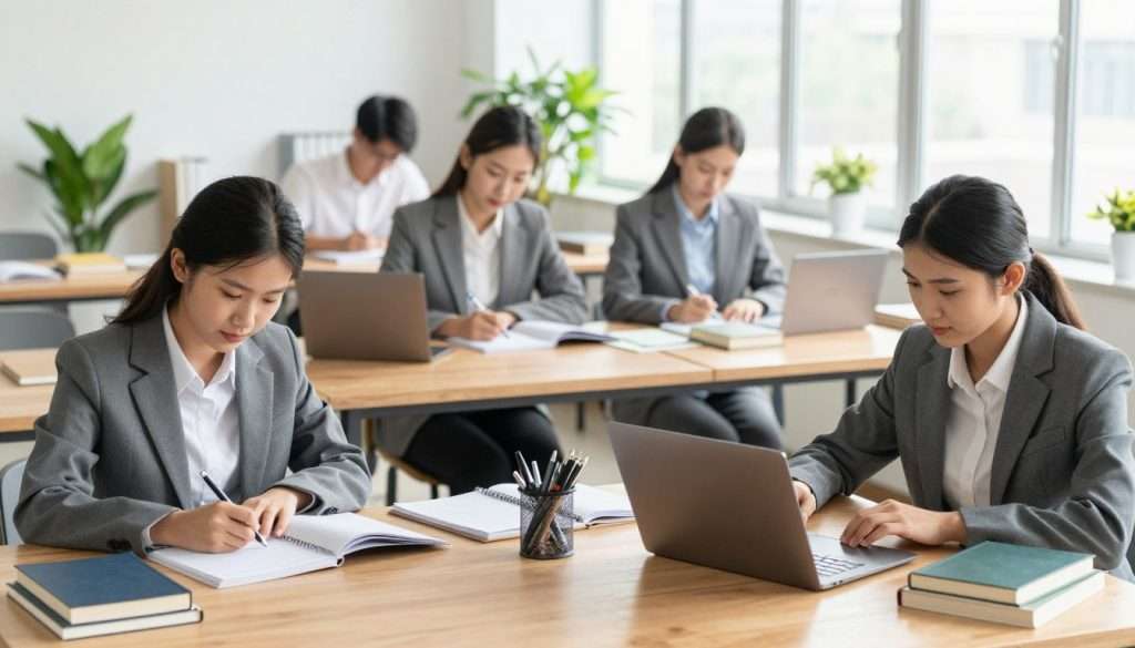 A bright, organized study environment that embodies effective study skills. In the foreground, a diverse group of three individuals in professional business attire, deeply engaged in focused study, surrounded by books and digital devices. In the middle ground, a large, well-lit wooden desk cluttered with notebooks, pens, and a laptop, providing a sense of activity and dedication. The background features a large window allowing natural light to flood in, illuminating green potted plants that add a touch of calm and freshness. The warm lighting creates an inviting and motivational atmosphere ideal for deep work, with soft shadows enhancing depth. The overall mood conveys concentration, productivity, and a sense of community among learners. A bright, organized study environment that embodies effective study skills. In the foreground, a diverse group of three individuals in professional business attire, deeply engaged in focused study, surrounded by books and digital devices. In the middle ground, a large, well-lit wooden desk cluttered with notebooks, pens, and a laptop, providing a sense of activity and dedication. The background features a large window allowing natural light to flood in, illuminating green potted plants that add a touch of calm and freshness. The warm lighting creates an inviting and motivational atmosphere ideal for deep work, with soft shadows enhancing depth. The overall mood conveys concentration, productivity, and a sense of community among learners.
