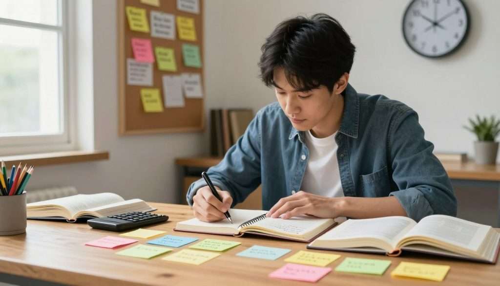 A bright study space featuring a young adult sitting at a wooden desk, focused intently on a planner and open textbooks. The foreground shows a close-up of colorful sticky notes with micro-goals written on them, scattered around the workspace. In the middle, the student, wearing smart casual attire, is using a pen, surrounded by a cozy atmosphere with soft, warm light filtering through a nearby window. Behind them, a bulletin board filled with motivational quotes and a wall clock emphasizing time management in the background, subtly highlighting the importance of the first hour. The overall mood is inspiring and productive, evoking a sense of determination and clarity. The image is captured from a slight angle to create depth while maintaining a clean and professional appearance. A bright study space featuring a young adult sitting at a wooden desk, focused intently on a planner and open textbooks. The foreground shows a close-up of colorful sticky notes with micro-goals written on them, scattered around the workspace. In the middle, the student, wearing smart casual attire, is using a pen, surrounded by a cozy atmosphere with soft, warm light filtering through a nearby window. Behind them, a bulletin board filled with motivational quotes and a wall clock emphasizing time management in the background, subtly highlighting the importance of the first hour. The overall mood is inspiring and productive, evoking a sense of determination and clarity. The image is captured from a slight angle to create depth while maintaining a clean and professional appearance.