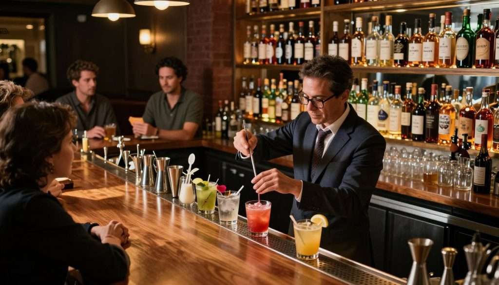 A busy bar scene where a confident bartender demonstrates memory hacks, standing behind a polished wooden bar. The foreground features the bartender, a middle-aged individual in smart attire, skillfully mixing drinks while demonstrating mnemonic devices using colorful cocktail ingredients as props. The middle of the image showcases well-organized shelves of bottles, each labeled with creative memory cues. In the background, patrons engage in lively conversation, fostering an atmosphere of camaraderie and learning. Warm, ambient lighting creates an inviting glow, while soft shadows play across the bar top. The perspective is slightly from above, capturing the bustling energy of the bar while maintaining focus on the bartender's techniques. This scene conveys a sense of professionalism and engaging expertise in memory techniques. A busy bar scene where a confident bartender demonstrates memory hacks, standing behind a polished wooden bar. The foreground features the bartender, a middle-aged individual in smart attire, skillfully mixing drinks while demonstrating mnemonic devices using colorful cocktail ingredients as props. The middle of the image showcases well-organized shelves of bottles, each labeled with creative memory cues. In the background, patrons engage in lively conversation, fostering an atmosphere of camaraderie and learning. Warm, ambient lighting creates an inviting glow, while soft shadows play across the bar top. The perspective is slightly from above, capturing the bustling energy of the bar while maintaining focus on the bartender's techniques. This scene conveys a sense of professionalism and engaging expertise in memory techniques.