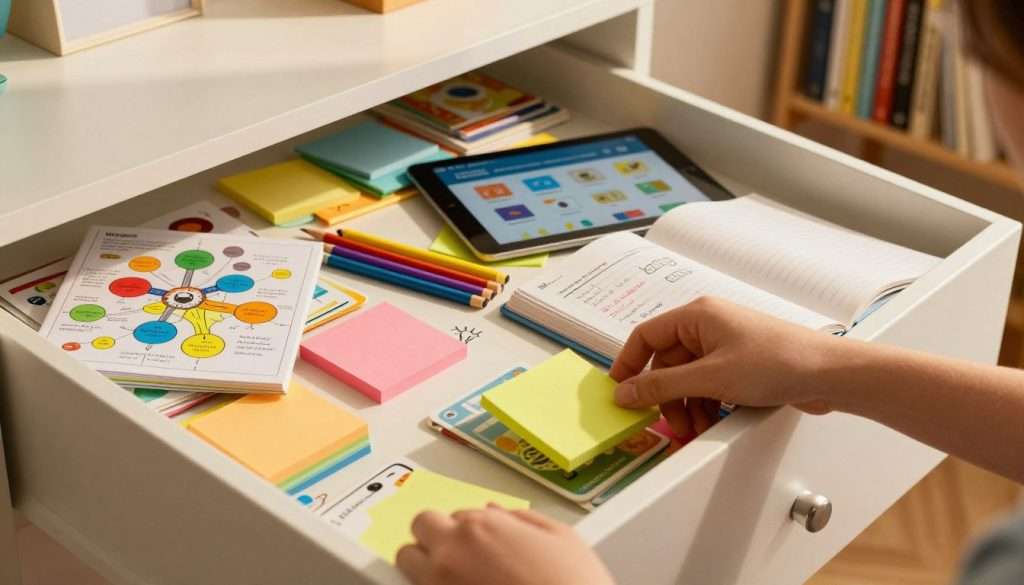 A close-up shot of a cluttered yet organized "junk drawer" filled with colorful and diverse learning materials, such as sticky notes, flashcards, pencils, and an open notebook filled with handwritten ideas. The foreground features a hand reaching into the drawer, grasping a brightly colored sticky note. The middle layer shows a collection of tools symbolizing various learning strategies, like a mind map, highlighters, and a digital tablet displaying learning apps. In the background, a softly lit study room with bookshelves and a warm, inviting atmosphere is visible, casting gentle shadows. The overall mood is creative and inspiring, suggesting an engaging learning environment. Use warm, natural lighting to enhance the cozy feel, and ensure the focus is sharp on the drawer itself. A close-up shot of a cluttered yet organized "junk drawer" filled with colorful and diverse learning materials, such as sticky notes, flashcards, pencils, and an open notebook filled with handwritten ideas. The foreground features a hand reaching into the drawer, grasping a brightly colored sticky note. The middle layer shows a collection of tools symbolizing various learning strategies, like a mind map, highlighters, and a digital tablet displaying learning apps. In the background, a softly lit study room with bookshelves and a warm, inviting atmosphere is visible, casting gentle shadows. The overall mood is creative and inspiring, suggesting an engaging learning environment. Use warm, natural lighting to enhance the cozy feel, and ensure the focus is sharp on the drawer itself.