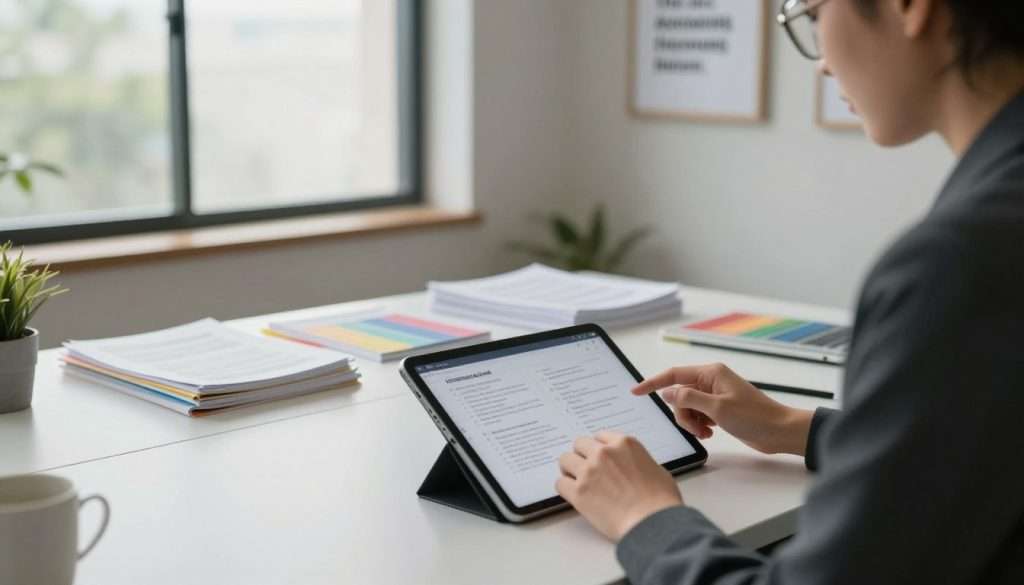 A close-up view of a serene office workspace, emphasizing cognitive efficiency. In the foreground, a person in professional business attire sits at a modern desk, deeply focused on a digital tablet displaying organized notes and concepts. The middle ground features a neat array of learning materials, neatly categorized and color-coded for quick reference. Located in the background, a large window allows soft natural light to filter in, casting gentle shadows and creating a calming atmosphere. The walls are adorned with motivational quotes on minimalistic frames, enhancing the sense of purpose and clarity in the room. The overall mood is tranquil and productive, encouraging a sense of mental clarity and focus. The lens captures the scene from a slight angle, giving depth and inviting the viewer into the workspace.