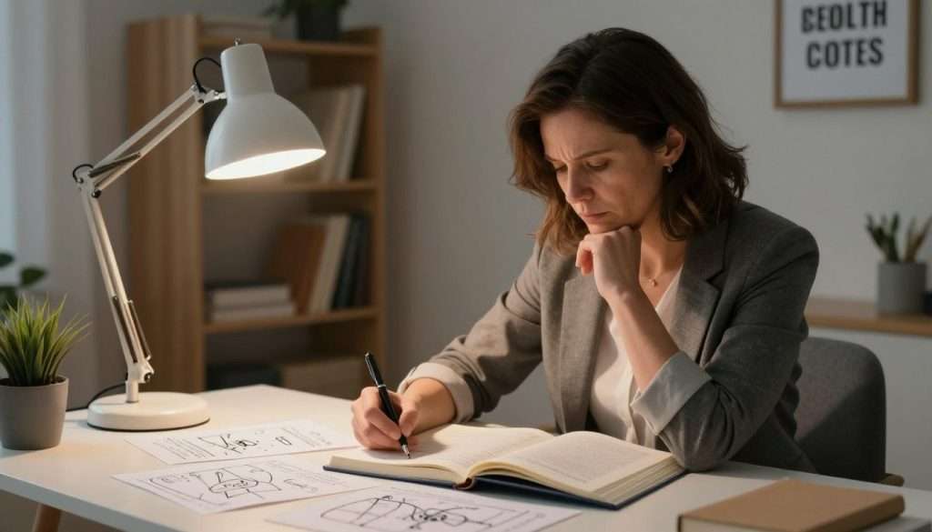 A contemplative individual seated at a stylish desk, deeply focused on an open book with complex diagrams and notes scattered around. In the foreground, the person, a middle-aged woman dressed in professional attire, is jotting down ideas on a notepad, her brow slightly furrowed, showcasing engagement in critical thinking. The middle ground features a modern desk lamp casting a warm glow, illuminating the scene and enhancing the intimate study atmosphere. In the background, a shelf filled with various educational materials and inspirational quotes framed on the walls emphasize a learning environment. The overall mood is serene yet intellectually charged, with soft, diffused lighting that invites viewers to delve into the depths of critical thinking. A contemplative individual seated at a stylish desk, deeply focused on an open book with complex diagrams and notes scattered around. In the foreground, the person, a middle-aged woman dressed in professional attire, is jotting down ideas on a notepad, her brow slightly furrowed, showcasing engagement in critical thinking. The middle ground features a modern desk lamp casting a warm glow, illuminating the scene and enhancing the intimate study atmosphere. In the background, a shelf filled with various educational materials and inspirational quotes framed on the walls emphasize a learning environment. The overall mood is serene yet intellectually charged, with soft, diffused lighting that invites viewers to delve into the depths of critical thinking.