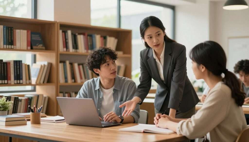 A cozy and modern study environment featuring a diverse group of three individuals engaged in a deep discussion. In the foreground, a male learner in smart casual attire is sitting at a sleek wooden desk with an open laptop, while a female tutor in professional attire stands beside him, guiding him with thoughtful questions. The middle ground shows bookshelves filled with books on philosophy and education, enhancing the Socratic theme. In the background, large windows let in warm natural light, creating an inviting atmosphere. Use a soft focus effect to give a dreamy quality, emphasizing the collaborative nature of learning. The overall mood should feel intellectual, encouraging, and serene, symbolizing the concept of using AI as a Socratic tutor. A cozy and modern study environment featuring a diverse group of three individuals engaged in a deep discussion. In the foreground, a male learner in smart casual attire is sitting at a sleek wooden desk with an open laptop, while a female tutor in professional attire stands beside him, guiding him with thoughtful questions. The middle ground shows bookshelves filled with books on philosophy and education, enhancing the Socratic theme. In the background, large windows let in warm natural light, creating an inviting atmosphere. Use a soft focus effect to give a dreamy quality, emphasizing the collaborative nature of learning. The overall mood should feel intellectual, encouraging, and serene, symbolizing the concept of using AI as a Socratic tutor.