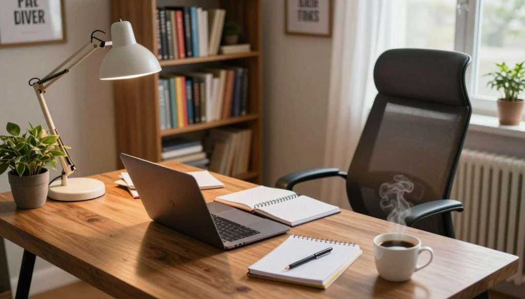 A cozy and organized study environment that emphasizes efficiency. In the foreground, a wooden desk with an open laptop, neatly arranged notebooks, and a cup of steaming coffee. A stylish desk lamp casts a warm glow over the workspace. In the middle ground, a comfortable ergonomic chair sits beside the desk, with a potted plant adding a touch of greenery. The background features a bookshelf filled with colorful books, framed motivational quotes, and a window allowing gentle natural light to pour in, creating an inviting atmosphere. The mood is focused yet relaxed, suggesting a productive study session. The angle captures the scene slightly from above, providing depth and a sense of immersion. A cozy and organized study environment that emphasizes efficiency. In the foreground, a wooden desk with an open laptop, neatly arranged notebooks, and a cup of steaming coffee. A stylish desk lamp casts a warm glow over the workspace. In the middle ground, a comfortable ergonomic chair sits beside the desk, with a potted plant adding a touch of greenery. The background features a bookshelf filled with colorful books, framed motivational quotes, and a window allowing gentle natural light to pour in, creating an inviting atmosphere. The mood is focused yet relaxed, suggesting a productive study session. The angle captures the scene slightly from above, providing depth and a sense of immersion.