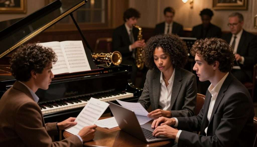 A cozy jazz club interior bathed in warm, soft lighting. In the foreground, a diverse group of three individuals—two men and one woman—are engaged in a lively discussion over sheet music and a laptop, radiating creativity and collaboration. They are dressed in professional business attire, conveying focus and dedication. The middle ground features a grand piano with an open score and a saxophone resting atop it, symbolizing the intersection of music and knowledge. In the background, softly blurred silhouettes of musicians playing, enhancing the atmosphere of dynamic energy and improvisation. The overall mood is inspiring, capturing the spirit of overcoming fears and embracing mistakes, with a rich, earthy color palette that invites exploration and learning. A cozy jazz club interior bathed in warm, soft lighting. In the foreground, a diverse group of three individuals—two men and one woman—are engaged in a lively discussion over sheet music and a laptop, radiating creativity and collaboration. They are dressed in professional business attire, conveying focus and dedication. The middle ground features a grand piano with an open score and a saxophone resting atop it, symbolizing the intersection of music and knowledge. In the background, softly blurred silhouettes of musicians playing, enhancing the atmosphere of dynamic energy and improvisation. The overall mood is inspiring, capturing the spirit of overcoming fears and embracing mistakes, with a rich, earthy color palette that invites exploration and learning.