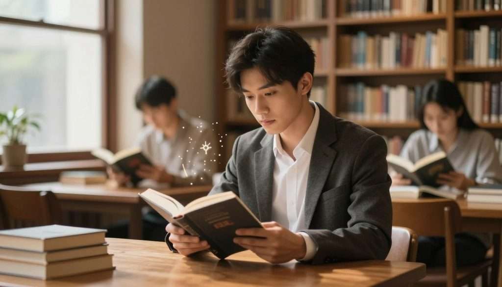 A cozy library setting filled with shelves of books, where a young professional, dressed in smart casual attire, is sitting at a wooden table, deeply engrossed in reading a book. Soft, warm lighting from a nearby window creates an inviting atmosphere, highlighting the individual's thoughtful expression. In the background, the faint outlines of other readers can be seen, each absorbed in their own world of literature, emphasizing the transformative power of reading. Subtle visual elements like floating pages or glowing symbols represent the ideas of emotional growth and intelligence derived from reading. The overall mood is reflective and inspiring, inviting viewers to appreciate the connection between literature and emotional understanding.