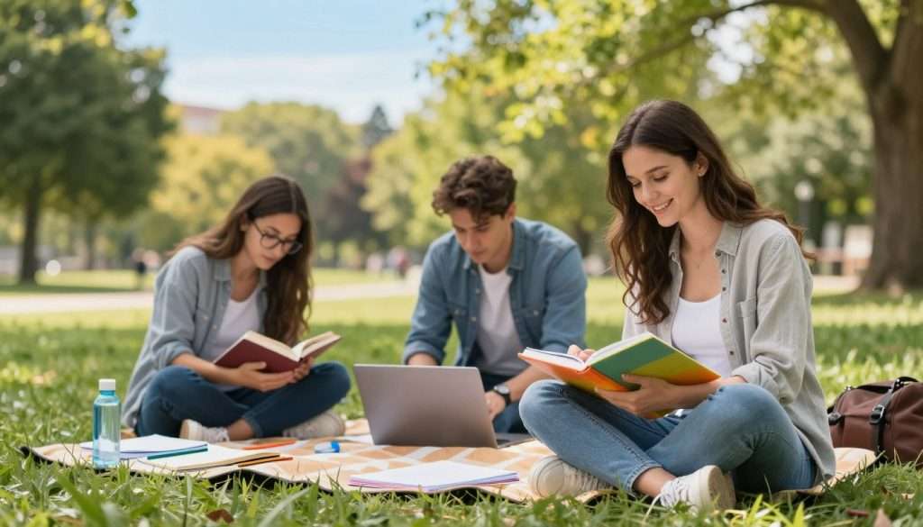 A cozy outdoor study scene showcasing a diverse group of three students studying together in a sunlit park. In the foreground, a young woman in smart casual attire is sitting cross-legged on the grass, flipping through a colorful notebook, while a young man next to her leans over a laptop, deeply focused. In the middle ground, another student with glasses is reading a book on a picnic blanket, surrounded by scattered study materials like pencils and water bottles. The background features lush green trees and a clear blue sky, creating a serene and inviting atmosphere. Soft, warm lighting enhances the sense of tranquility, encouraging a mood of collaboration and exploration beyond traditional study spaces. A cozy outdoor study scene showcasing a diverse group of three students studying together in a sunlit park. In the foreground, a young woman in smart casual attire is sitting cross-legged on the grass, flipping through a colorful notebook, while a young man next to her leans over a laptop, deeply focused. In the middle ground, another student with glasses is reading a book on a picnic blanket, surrounded by scattered study materials like pencils and water bottles. The background features lush green trees and a clear blue sky, creating a serene and inviting atmosphere. Soft, warm lighting enhances the sense of tranquility, encouraging a mood of collaboration and exploration beyond traditional study spaces.