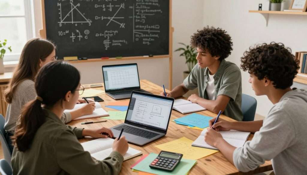 A cozy study environment filled with vibrant math learning strategies. In the foreground, a diverse group of three students, engaged in collaborative problem-solving, wearing modest casual clothing. The middle ground features a large wooden table strewn with colorful papers, notebooks, and calculators—some showing complex equations. An open laptop displays a graph and online resources. In the background, a chalkboard filled with diagrams and formulas, bathed in warm, natural lighting from a nearby window. The atmosphere is focused and encouraging, with soft shadows adding depth and a sense of collaboration. The lens captures the scene from a slightly elevated angle, emphasizing the sense of teamwork and learning. A cozy study environment filled with vibrant math learning strategies. In the foreground, a diverse group of three students, engaged in collaborative problem-solving, wearing modest casual clothing. The middle ground features a large wooden table strewn with colorful papers, notebooks, and calculators—some showing complex equations. An open laptop displays a graph and online resources. In the background, a chalkboard filled with diagrams and formulas, bathed in warm, natural lighting from a nearby window. The atmosphere is focused and encouraging, with soft shadows adding depth and a sense of collaboration. The lens captures the scene from a slightly elevated angle, emphasizing the sense of teamwork and learning.