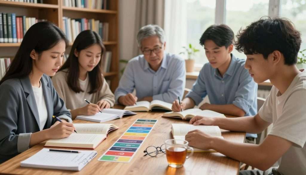A cozy study environment showcasing an array of reading comprehension activities, with a wooden table in the foreground. On the table, there are open books, colorful flashcards, and a notebook filled with neat handwriting. A pair of reading glasses sits next to a steaming cup of tea. In the middle, a group of diverse students – a young woman in business casual attire, a middle-aged man in a crisp shirt, and a teenager in a modest t-shirt – are engaged in a roundtable discussion, carefully analyzing text and sharing insights. The background features a bookshelf filled with various books, a window allowing soft, natural light to flood the room, creating a warm, inviting atmosphere. The overall mood is focused and collaborative, ideal for mastering reading comprehension through systematic study. A cozy study environment showcasing an array of reading comprehension activities, with a wooden table in the foreground. On the table, there are open books, colorful flashcards, and a notebook filled with neat handwriting. A pair of reading glasses sits next to a steaming cup of tea. In the middle, a group of diverse students – a young woman in business casual attire, a middle-aged man in a crisp shirt, and a teenager in a modest t-shirt – are engaged in a roundtable discussion, carefully analyzing text and sharing insights. The background features a bookshelf filled with various books, a window allowing soft, natural light to flood the room, creating a warm, inviting atmosphere. The overall mood is focused and collaborative, ideal for mastering reading comprehension through systematic study.