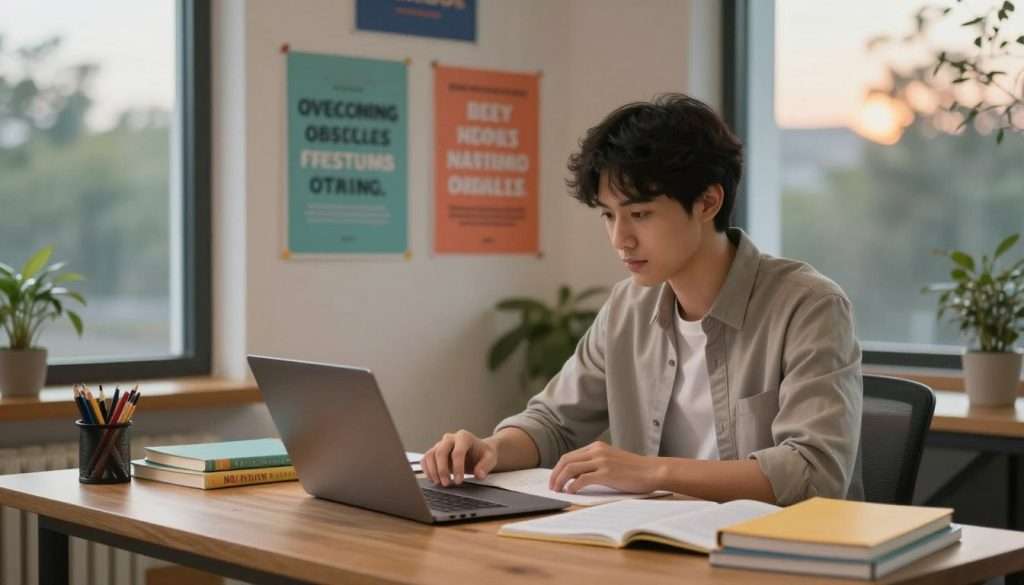A cozy study environment that embodies the theme of turning studying into a daily habit. In the foreground, a young adult in professional casual attire is seated at a well-organized wooden desk, surrounded by colorful study materials such as notebooks, textbooks, and a laptop. Their focused expression communicates determination. In the middle ground, motivational posters adorn the walls, featuring calming colors and inspiring quotes about overcoming obstacles. Soft, warm lighting creates an inviting atmosphere, while a large window in the background reveals a serene view of trees, hinting at an early morning or late afternoon glow. The overall mood is one of positivity and productivity, symbolizing the journey towards establishing a consistent study routine.