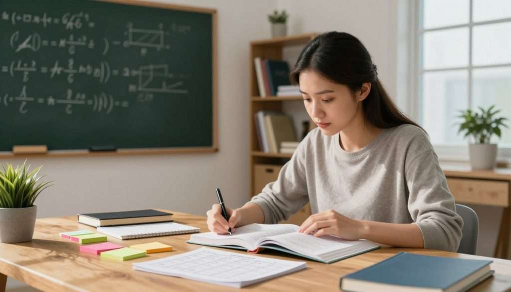 A cozy study room featuring a young professional woman in modest casual clothing, focused on her math textbooks spread across a large wooden desk. In the foreground, colorful sticky notes and a structured study schedule are visible, helping to illustrate time management. The middle ground showcases a chalkboard filled with various mathematical equations, while a well-organized shelf in the background contains additional study materials and a potted plant for a touch of life. Soft natural light pours in through a nearby window, casting gentle shadows and creating a calm atmosphere. The mood should convey concentration and productivity, with an inviting and intentional layout that promotes effective study habits.