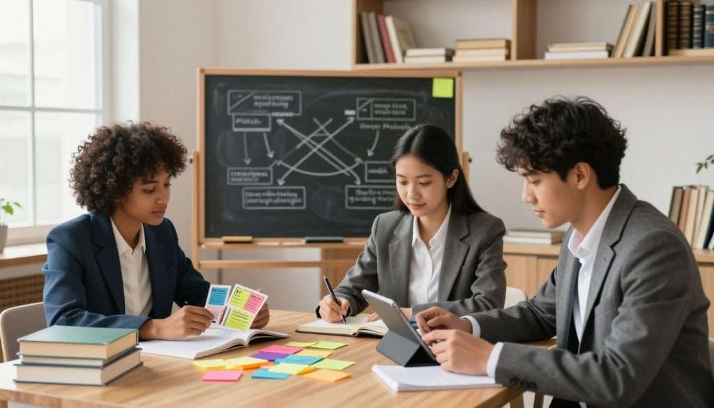 A cozy study room filled with light, showcasing a mix of modern and classic elements. In the foreground, a diverse group of three students, dressed in professional business attire, are engaged in a study session surrounded by textbooks and colorful sticky notes. They are using tools like flashcards and a digital tablet to illustrate active recall techniques. The middle layer features a chalkboard with visual diagrams depicting cognitive psychology concepts like memory pathways and pitfalls in studying. The background includes soft shelves filled with books and warm, natural light pouring in from a window, creating an inviting atmosphere. The mood is focused and collaborative, emphasizing the positive energy of effective studying. A cozy study room filled with light, showcasing a mix of modern and classic elements. In the foreground, a diverse group of three students, dressed in professional business attire, are engaged in a study session surrounded by textbooks and colorful sticky notes. They are using tools like flashcards and a digital tablet to illustrate active recall techniques. The middle layer features a chalkboard with visual diagrams depicting cognitive psychology concepts like memory pathways and pitfalls in studying. The background includes soft shelves filled with books and warm, natural light pouring in from a window, creating an inviting atmosphere. The mood is focused and collaborative, emphasizing the positive energy of effective studying.