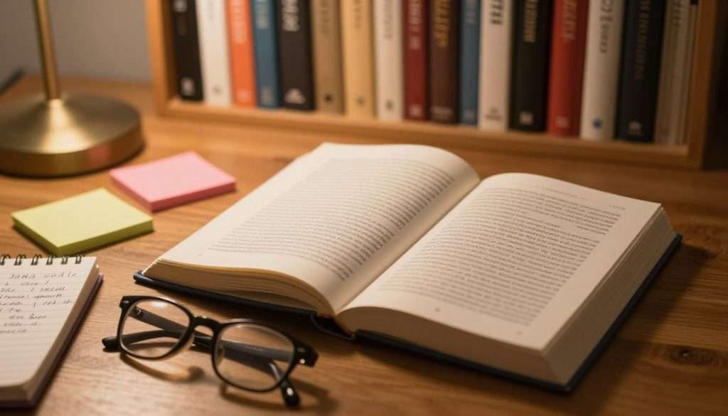 A cozy study scene featuring an open book on a wooden desk, surrounded by colorful sticky notes and a notebook filled with handwritten notes. In the foreground, a pair of reading glasses rests beside the book, emphasizing a focus on learning. The middle ground showcases a warm, ambient light illuminating the desk, casting soft shadows and highlighting the text of the book. In the background, a bookshelf filled with various genres of books suggests a rich literary environment. The mood is serene and studious, inspiring a sense of calm and concentration. The perspective is slightly elevated, capturing the essence of strategic note-taking methods for better recall, with a depth of field that blurs the background slightly to draw attention to the desk items.