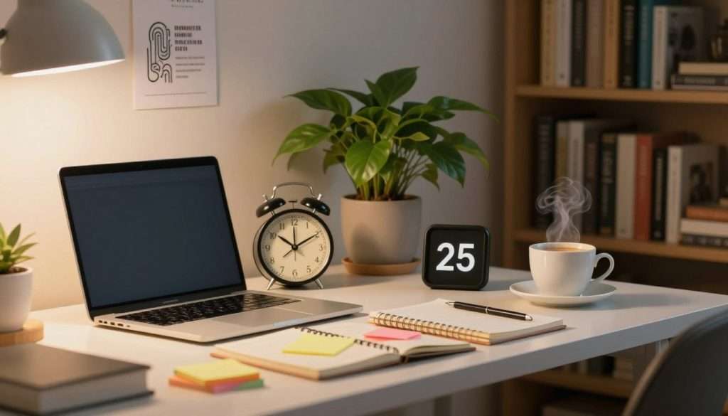 A cozy study space featuring a modern desk with an open laptop, notebooks, and colorful sticky notes organized neatly. In the foreground, a clock prominently displaying a 25-minute countdown sits beside a steaming cup of coffee, symbolizing the Pomodoro Technique. Midground elements include a lush green plant and a small motivational poster on the wall with an abstract design. The background reveals a softly lit library, filled with books on various subjects to represent knowledge acquisition. The scene is illuminated by warm, inviting lighting that creates a focused and serene atmosphere, evoking a sense of productivity and calm. The view is captured from a slightly elevated angle to showcase the desk arrangement effectively. A cozy study space featuring a modern desk with an open laptop, notebooks, and colorful sticky notes organized neatly. In the foreground, a clock prominently displaying a 25-minute countdown sits beside a steaming cup of coffee, symbolizing the Pomodoro Technique. Midground elements include a lush green plant and a small motivational poster on the wall with an abstract design. The background reveals a softly lit library, filled with books on various subjects to represent knowledge acquisition. The scene is illuminated by warm, inviting lighting that creates a focused and serene atmosphere, evoking a sense of productivity and calm. The view is captured from a slightly elevated angle to showcase the desk arrangement effectively.