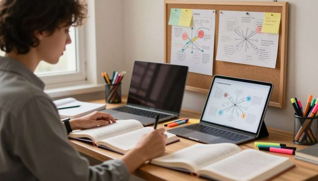 A cozy study space filled with effective studying techniques. In the foreground, a student engaged in deep focus, surrounded by open textbooks and colorful sticky notes. They are dressed in casual yet professional attire, sitting comfortably at a wooden desk cluttered with highlighters, a laptop, and a digital tablet displaying a mind map. In the middle ground, a corkboard is pinned with visual aids like charts and mind maps, representing active learning methods. In the background, a window lets in warm, natural light that creates a serene atmosphere, enhancing concentration. Soft shadows and a slight depth of field add to the inviting mood, encouraging productivity and engagement in studying. The scene conveys a transformative approach to learning, highlighting active participation over passive information consumption.