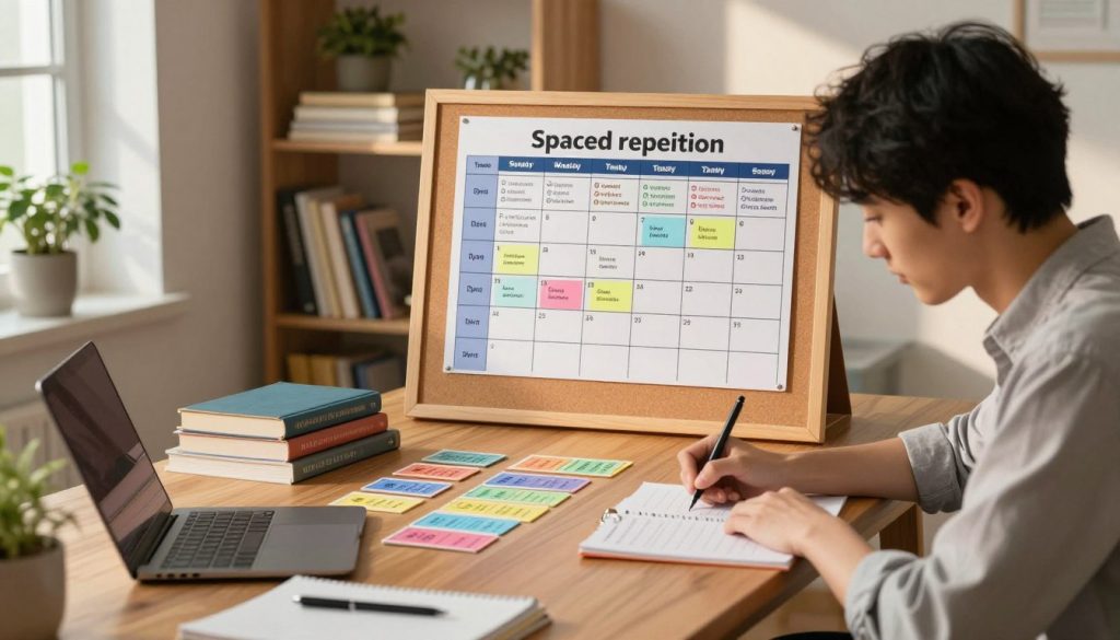 A cozy study space to illustrate the concept of spaced repetition, featuring a wooden desk neatly organized with colorful flashcards, textbooks, and a laptop. In the foreground, a young adult wearing casual, professional attire is focused, writing notes with a pen, surrounded by a soft glow of warm light. In the middle, a corkboard displays a visually appealing study schedule with various colored markers indicating different subjects. The background reveals shelves with neatly stacked books and plants, providing a calming, inviting atmosphere. The soft, natural light filters through a window, casting gentle shadows and creating a serene study environment. The overall mood is focused, productive, and inspiring, conveying the essence of a structured study routine. A cozy study space to illustrate the concept of spaced repetition, featuring a wooden desk neatly organized with colorful flashcards, textbooks, and a laptop. In the foreground, a young adult wearing casual, professional attire is focused, writing notes with a pen, surrounded by a soft glow of warm light. In the middle, a corkboard displays a visually appealing study schedule with various colored markers indicating different subjects. The background reveals shelves with neatly stacked books and plants, providing a calming, inviting atmosphere. The soft, natural light filters through a window, casting gentle shadows and creating a serene study environment. The overall mood is focused, productive, and inspiring, conveying the essence of a structured study routine.