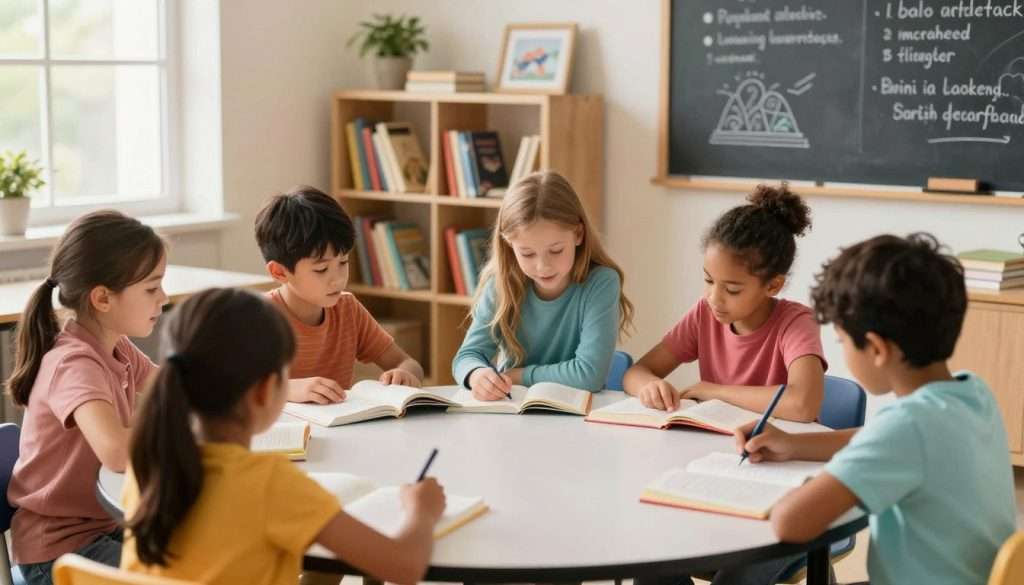 A cozy, well-lit classroom scene focused on reading engagement. In the foreground, a young diverse group of children, dressed in colorful casual clothes, are seated at a circular table, deeply engaged with different books spread out before them. One child is animatedly discussing a book, while another is jotting down notes. The middle ground features a large bookshelf filled with various genres, illustrating the richness of reading material. In the background, a chalkboard showcases illustrations of comprehension strategies, while warm, natural sunlight filters through the windows, creating a cheerful and inviting atmosphere. The focus is on active participation and collaboration, symbolizing the joy of learning and retention through reading. A cozy, well-lit classroom scene focused on reading engagement. In the foreground, a young diverse group of children, dressed in colorful casual clothes, are seated at a circular table, deeply engaged with different books spread out before them. One child is animatedly discussing a book, while another is jotting down notes. The middle ground features a large bookshelf filled with various genres, illustrating the richness of reading material. In the background, a chalkboard showcases illustrations of comprehension strategies, while warm, natural sunlight filters through the windows, creating a cheerful and inviting atmosphere. The focus is on active participation and collaboration, symbolizing the joy of learning and retention through reading.