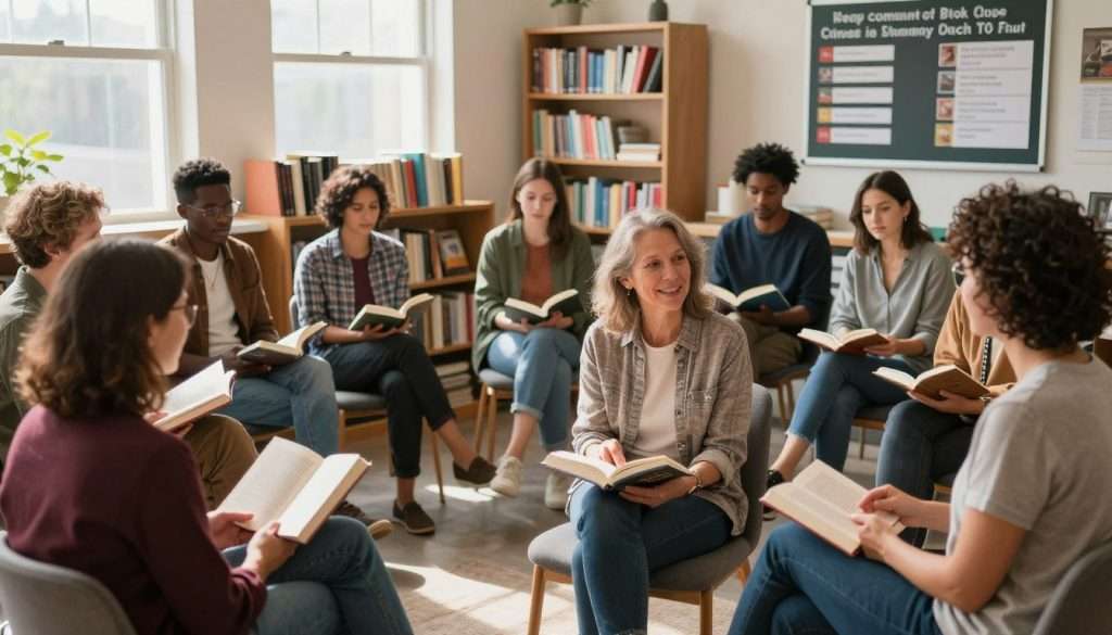 A cozy, well-lit reading room filled with diverse groups of people engaged in animated discussions about books. In the foreground, a middle-aged woman in casual attire smiles as she points to a book, surrounded by friends of various ages and ethnic backgrounds, each deep in conversation. In the middle, several shelves of books line the walls, creating an inviting atmosphere. Sunlight filters through large windows, casting soft shadows and highlighting the colorful book spines. In the background, a bulletin board displays community reading events and book club schedules. The mood is warm, collaborative, and intellectually stimulating, evoking a sense of community and shared knowledge. The scene is captured from a slight angle to emphasize the interaction among the participants while showcasing the inviting space.