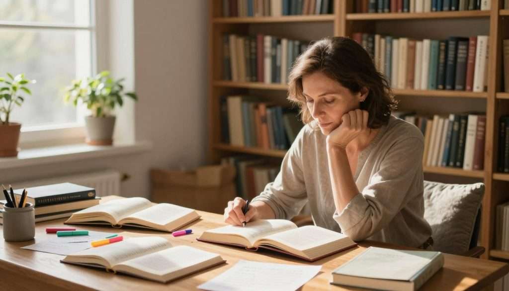 A cozy, well-lit study room featuring a wooden desk cluttered with open books, highlighters, and handwritten notes, symbolizing the process of slow reading. In the foreground, a middle-aged woman dressed in modest casual attire, deeply focused on an open book, resting her chin on her hand, surrounded by comfortable cushions. The middle ground includes a large bookshelf filled with classic literature and educational texts, while a warm, golden light streams through a nearby window, casting soft shadows. In the background, a potted plant adds a touch of nature, enhancing the inviting atmosphere. The overall mood is serene and contemplative, encouraging a deep dive into reading challenges. A cozy, well-lit study room featuring a wooden desk cluttered with open books, highlighters, and handwritten notes, symbolizing the process of slow reading. In the foreground, a middle-aged woman dressed in modest casual attire, deeply focused on an open book, resting her chin on her hand, surrounded by comfortable cushions. The middle ground includes a large bookshelf filled with classic literature and educational texts, while a warm, golden light streams through a nearby window, casting soft shadows. In the background, a potted plant adds a touch of nature, enhancing the inviting atmosphere. The overall mood is serene and contemplative, encouraging a deep dive into reading challenges.