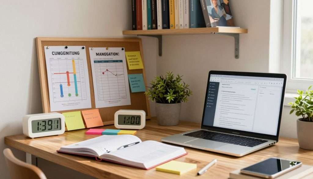 A cozy, well-organized study space filled with various time management tools. In the foreground, a wooden desk with an open planner, digital clock, and colorful sticky notes. A laptop is displaying a productivity app on the screen. In the middle, a bulletin board is pinned with charts showing productivity frameworks, alongside inspirational quotes. A potted plant adds a touch of greenery. The background features a neatly arranged bookshelf filled with academic books on study techniques and time management. Soft, natural lighting streams in from a nearby window, creating a warm and inviting atmosphere. The scene conveys focus and dedication, designed for optimal study productivity. A cozy, well-organized study space filled with various time management tools. In the foreground, a wooden desk with an open planner, digital clock, and colorful sticky notes. A laptop is displaying a productivity app on the screen. In the middle, a bulletin board is pinned with charts showing productivity frameworks, alongside inspirational quotes. A potted plant adds a touch of greenery. The background features a neatly arranged bookshelf filled with academic books on study techniques and time management. Soft, natural lighting streams in from a nearby window, creating a warm and inviting atmosphere. The scene conveys focus and dedication, designed for optimal study productivity.