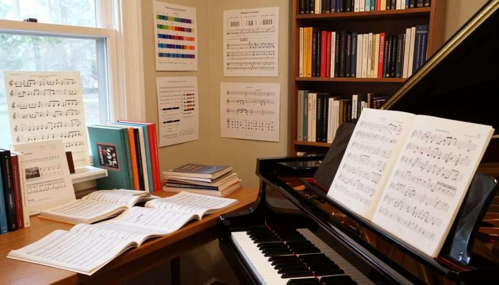 A creative workspace dedicated to music theory for composers, featuring an array of sheet music and composition books spread across a wooden desk. In the foreground, a polished grand piano with open music sheets reflects the study of sound organization. The middle ground displays an organized wall filled with colorful charts and diagrams outlining music theory concepts such as scales, chords, and harmonics. In the background, warm, soft lighting illuminates a bookshelf, filled with texts on composition techniques and music history. The atmosphere is focused and inspiring, evoking the dedication and logic behind music composition. A large window allows soft daylight to stream in, enhancing the sense of creativity and scholarly pursuit.