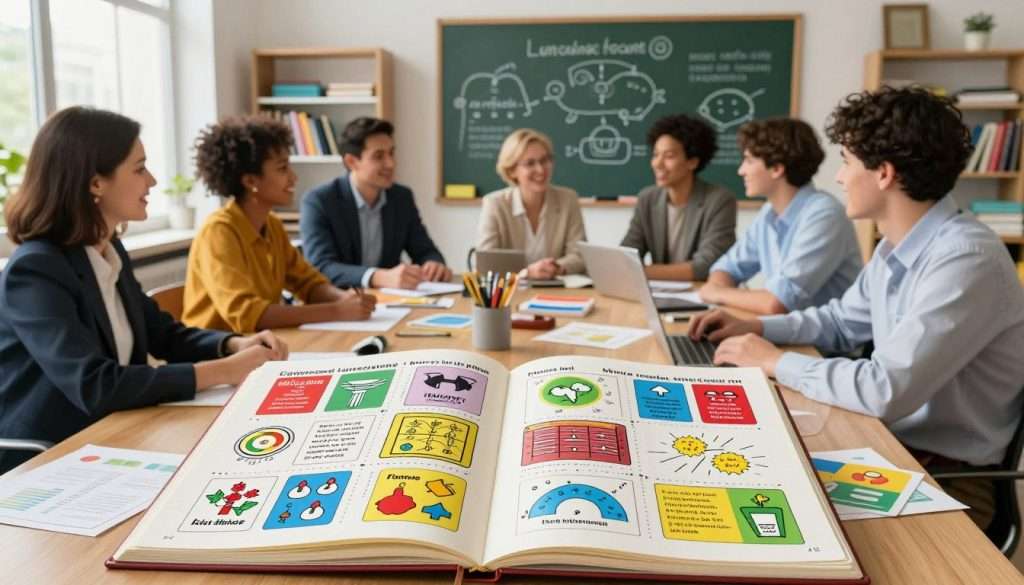 A creative workspace filled with vibrant, colorful mnemonics for language learning. In the foreground, an open notebook with various memory techniques illustrated with vivid icons and symbols, such as flashcards, mind maps, and memory palaces. In the middle, a cheerful diverse group of individuals, dressed in professional business attire, engaged in a lively discussion around a table scattered with language learning materials. In the background, a large chalkboard filled with diagrams and phrases in multiple languages, surrounded by shelves of books and learning tools. Bright, natural lighting streams in through a window, creating an inspiring and motivating atmosphere. The image evokes a sense of collaboration, creativity, and the joy of language learning. A creative workspace filled with vibrant, colorful mnemonics for language learning. In the foreground, an open notebook with various memory techniques illustrated with vivid icons and symbols, such as flashcards, mind maps, and memory palaces. In the middle, a cheerful diverse group of individuals, dressed in professional business attire, engaged in a lively discussion around a table scattered with language learning materials. In the background, a large chalkboard filled with diagrams and phrases in multiple languages, surrounded by shelves of books and learning tools. Bright, natural lighting streams in through a window, creating an inspiring and motivating atmosphere. The image evokes a sense of collaboration, creativity, and the joy of language learning.