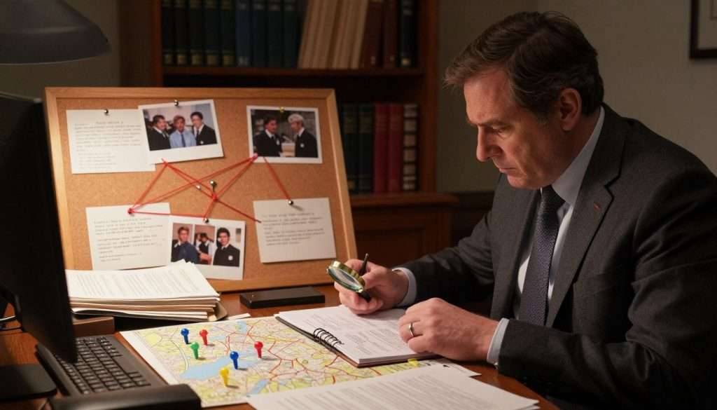 A dimly lit detective's office featuring a thoughtful investigator in professional attire, examining a cluttered desk filled with case files, a magnifying glass, and a map dotted with pins. In the foreground, the detective, a middle-aged person with a focused expression, is strategizing over a notebook filled with notes. The middle scene includes a corkboard with photos and clues linked by red string, representing the learning process as a complex investigation. In the background, an old wooden bookshelf holds various reference books on learning methods and problem-solving techniques, bathed in warm, softly diffused light to create an atmosphere of intrigue and contemplation. The overall mood is one of perseverance and determination, highlighting the journey through learning obstacles. A dimly lit detective's office featuring a thoughtful investigator in professional attire, examining a cluttered desk filled with case files, a magnifying glass, and a map dotted with pins. In the foreground, the detective, a middle-aged person with a focused expression, is strategizing over a notebook filled with notes. The middle scene includes a corkboard with photos and clues linked by red string, representing the learning process as a complex investigation. In the background, an old wooden bookshelf holds various reference books on learning methods and problem-solving techniques, bathed in warm, softly diffused light to create an atmosphere of intrigue and contemplation. The overall mood is one of perseverance and determination, highlighting the journey through learning obstacles.