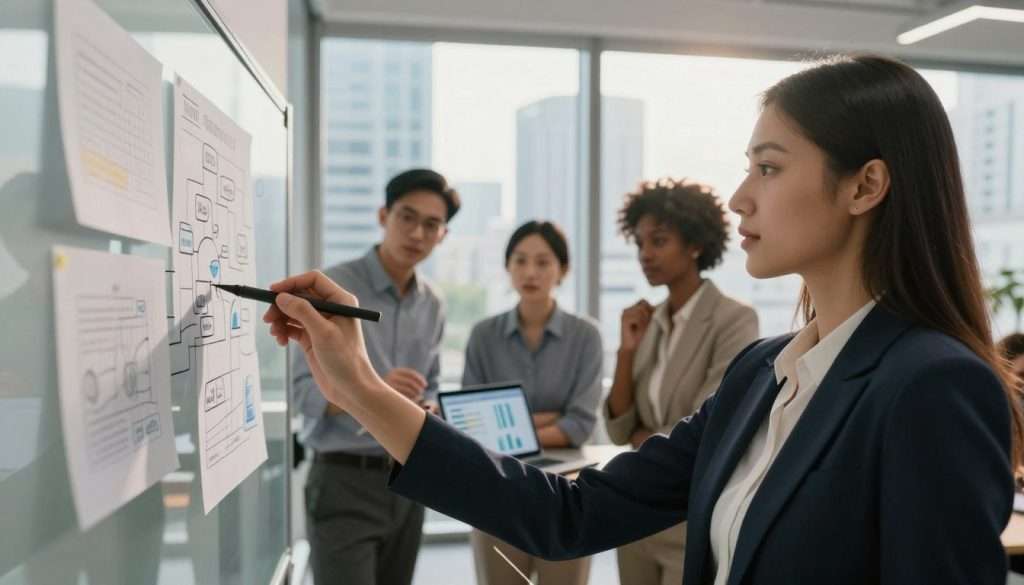 A diverse group of four professionals, two men and two women, engaged in a strategic planning session within a modern office space. In the foreground, a woman in smart business attire writes on a glass whiteboard filled with charts and diagrams, representing strategic maps and ideas. The middle ground features a man analyzing data on a laptop, while another woman gestures thoughtfully, looking towards her colleagues. The background showcases a sleek cityscape through large windows, illuminated by warm, natural light. The atmosphere is focused and collaborative, emphasizing deep concentration and teamwork, with a slight lens blur to highlight the foreground action, creating an engaging and inspiring scene of strategic thinking and problem-solving. A diverse group of four professionals, two men and two women, engaged in a strategic planning session within a modern office space. In the foreground, a woman in smart business attire writes on a glass whiteboard filled with charts and diagrams, representing strategic maps and ideas. The middle ground features a man analyzing data on a laptop, while another woman gestures thoughtfully, looking towards her colleagues. The background showcases a sleek cityscape through large windows, illuminated by warm, natural light. The atmosphere is focused and collaborative, emphasizing deep concentration and teamwork, with a slight lens blur to highlight the foreground action, creating an engaging and inspiring scene of strategic thinking and problem-solving.
