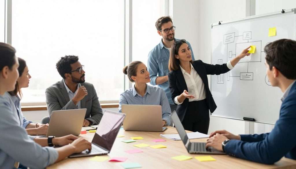 A diverse group of professionals working together around a large table, brainstorming solutions to challenges, with laptops and colorful sticky notes scattered across the table. In the foreground, a confident woman in professional attire points to a whiteboard filled with diagrams and flowcharts, symbolizing strategic planning. In the middle ground, a man with glasses takes notes, while another team member gestures thoughtfully, demonstrating collaboration. The background shows a bright, modern office environment with large windows letting in natural light, creating an optimistic atmosphere. The scene should convey determination and unity, with a warm color palette emphasizing creativity and teamwork. Use a wide-angle lens to capture the entire scene, ensuring a clear focus on the productive interactions among the team. A diverse group of professionals working together around a large table, brainstorming solutions to challenges, with laptops and colorful sticky notes scattered across the table. In the foreground, a confident woman in professional attire points to a whiteboard filled with diagrams and flowcharts, symbolizing strategic planning. In the middle ground, a man with glasses takes notes, while another team member gestures thoughtfully, demonstrating collaboration. The background shows a bright, modern office environment with large windows letting in natural light, creating an optimistic atmosphere. The scene should convey determination and unity, with a warm color palette emphasizing creativity and teamwork. Use a wide-angle lens to capture the entire scene, ensuring a clear focus on the productive interactions among the team.