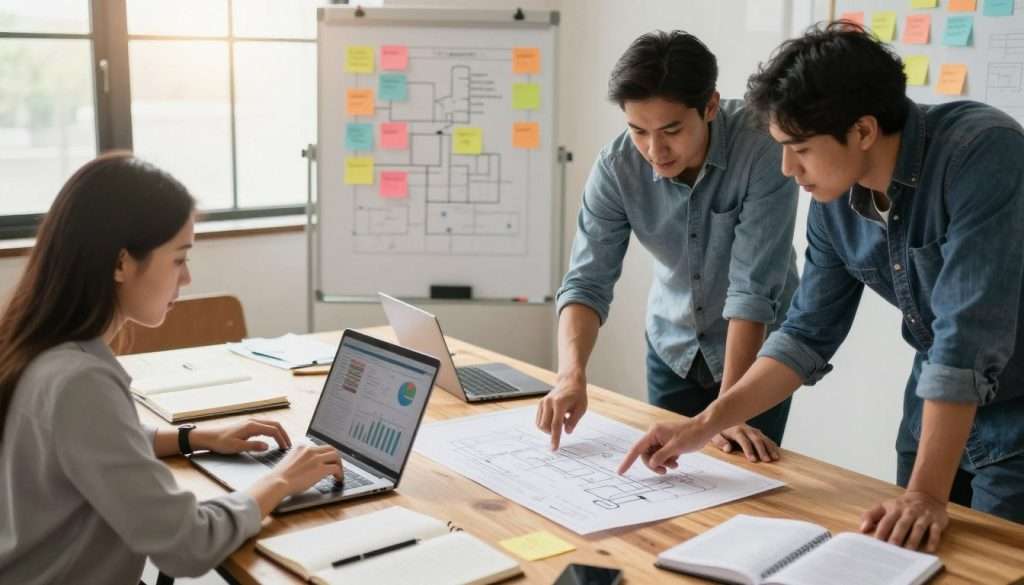 A diverse group of three professionals collaborating on a real-world project, gathered around a large wooden table strewn with notebooks, digital devices, and blueprints. In the foreground, focus on a woman in business attire analyzing data on a laptop screen, while a man in smart casual clothing points to diagrams on a printed document. In the middle ground, a whiteboard filled with colorful post-it notes and strategic plans enhances the collaborative atmosphere. The background features large windows letting in warm, natural light, creating an inviting ambiance. The overall mood is one of focus, creativity, and teamwork, showcasing the application of study skills in a real-world setting. The camera angle is slightly overhead, providing a dynamic view of the engaged group. A diverse group of three professionals collaborating on a real-world project, gathered around a large wooden table strewn with notebooks, digital devices, and blueprints. In the foreground, focus on a woman in business attire analyzing data on a laptop screen, while a man in smart casual clothing points to diagrams on a printed document. In the middle ground, a whiteboard filled with colorful post-it notes and strategic plans enhances the collaborative atmosphere. The background features large windows letting in warm, natural light, creating an inviting ambiance. The overall mood is one of focus, creativity, and teamwork, showcasing the application of study skills in a real-world setting. The camera angle is slightly overhead, providing a dynamic view of the engaged group.
