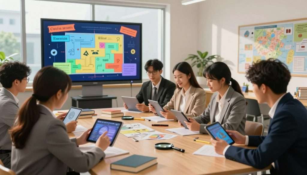 A dynamic classroom scene depicting immersive learning techniques. In the foreground, a diverse group of students, dressed in professional business attire, are engaged in a captivating mystery-solving game using high-tech tablets. The middle ground features a large interactive screen displaying vibrant visuals of clues and puzzles, while around them, various educational tools like books, magnifying glasses, and maps create an atmosphere of exploration. The background shows a bright, modern classroom with large windows allowing natural light to pour in, enhancing the vibrant color palette. The lighting is warm and inviting, casting soft shadows. The overall mood is one of excitement and curiosity, encouraging collaborative learning and critical thinking as students work together to uncover solutions in a thrilling environment. A dynamic classroom scene depicting immersive learning techniques. In the foreground, a diverse group of students, dressed in professional business attire, are engaged in a captivating mystery-solving game using high-tech tablets. The middle ground features a large interactive screen displaying vibrant visuals of clues and puzzles, while around them, various educational tools like books, magnifying glasses, and maps create an atmosphere of exploration. The background shows a bright, modern classroom with large windows allowing natural light to pour in, enhancing the vibrant color palette. The lighting is warm and inviting, casting soft shadows. The overall mood is one of excitement and curiosity, encouraging collaborative learning and critical thinking as students work together to uncover solutions in a thrilling environment.