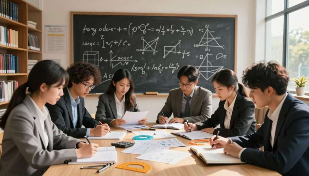 A dynamic scene illustrating advanced math techniques, showcasing a large chalkboard filled with complex equations, geometric shapes, and diagrams. In the foreground, a diverse group of focused individuals, dressed in professional business attire, collaborate over an open textbook filled with notes and annotations. The lighting is warm and inviting, casting soft shadows to create a stimulating atmosphere for learning. In the middle ground, a table is strewn with math tools like protractors, calculators, and graph paper. The background features rows of bookshelves filled with academic texts, a large window revealing a bright, sunny day outside, adding an uplifting energy to the scene. The overall mood is one of intense concentration, curiosity, and collaboration, perfect for illustrating the theme of enhancing math skills through effective learning strategies. A dynamic scene illustrating advanced math techniques, showcasing a large chalkboard filled with complex equations, geometric shapes, and diagrams. In the foreground, a diverse group of focused individuals, dressed in professional business attire, collaborate over an open textbook filled with notes and annotations. The lighting is warm and inviting, casting soft shadows to create a stimulating atmosphere for learning. In the middle ground, a table is strewn with math tools like protractors, calculators, and graph paper. The background features rows of bookshelves filled with academic texts, a large window revealing a bright, sunny day outside, adding an uplifting energy to the scene. The overall mood is one of intense concentration, curiosity, and collaboration, perfect for illustrating the theme of enhancing math skills through effective learning strategies.