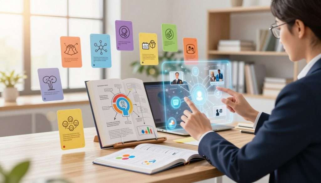 A dynamic scene illustrating speed learning techniques and memory enhancement, featuring a professional individual in smart business attire surrounded by vibrant mnemonic devices like colorful flashcards, mind maps, and visual symbols of memory techniques. In the foreground, the individual is engaging with a floating holographic display of interconnected ideas and images, emphasizing visualization. The middle ground highlights various memory-enhancing tools such as a large book with enhanced graphics, diagrams, and charts. In the background, a serene study environment with large windows letting in soft sunlight, creating a bright, optimistic atmosphere, ideal for focused learning. The lighting is warm and inviting, with a slight lens flare to enhance the uplifting mood. A dynamic scene illustrating speed learning techniques and memory enhancement, featuring a professional individual in smart business attire surrounded by vibrant mnemonic devices like colorful flashcards, mind maps, and visual symbols of memory techniques. In the foreground, the individual is engaging with a floating holographic display of interconnected ideas and images, emphasizing visualization. The middle ground highlights various memory-enhancing tools such as a large book with enhanced graphics, diagrams, and charts. In the background, a serene study environment with large windows letting in soft sunlight, creating a bright, optimistic atmosphere, ideal for focused learning. The lighting is warm and inviting, with a slight lens flare to enhance the uplifting mood.