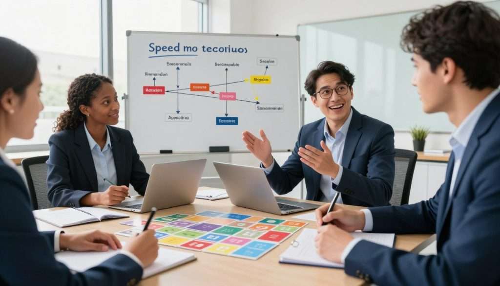 A dynamic scene showcasing speed learning techniques in action. In the foreground, a diverse group of three individuals, dressed in professional business attire, engage in an interactive study session around a large table filled with colorful flashcards and digital devices. One person gestures enthusiastically while another writes down notes, reflecting the active recall method. In the middle ground, a whiteboard displays a diagram illustrating spaced repetition concepts with visual timelines and arrows. The background features a bright, modern classroom environment with large windows allowing natural light to flood in, enhancing clarity and focus. The atmosphere is energetic and focused, conveying enthusiasm for learning and collaboration. Use a slight upward angle to emphasize the engaging interactions while maintaining clarity and warmth in the lighting. A dynamic scene showcasing speed learning techniques in action. In the foreground, a diverse group of three individuals, dressed in professional business attire, engage in an interactive study session around a large table filled with colorful flashcards and digital devices. One person gestures enthusiastically while another writes down notes, reflecting the active recall method. In the middle ground, a whiteboard displays a diagram illustrating spaced repetition concepts with visual timelines and arrows. The background features a bright, modern classroom environment with large windows allowing natural light to flood in, enhancing clarity and focus. The atmosphere is energetic and focused, conveying enthusiasm for learning and collaboration. Use a slight upward angle to emphasize the engaging interactions while maintaining clarity and warmth in the lighting.