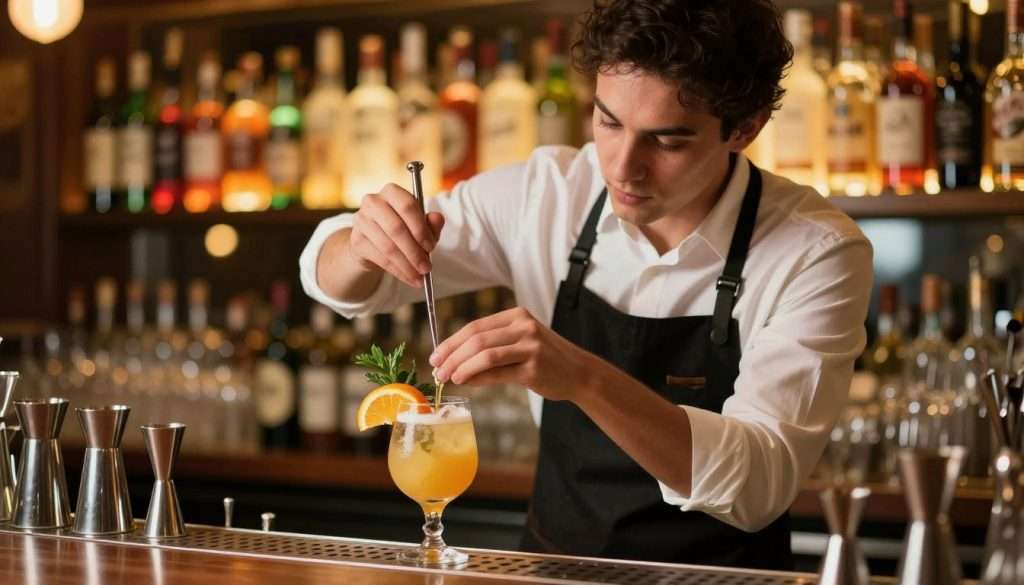 A focused bartender in a bustling bar, skillfully mixing cocktails with precision. In the foreground, the bartender is wearing a crisp white shirt and a black apron, exuding professionalism and confidence. The middle ground features a half-completed cocktail, vibrant garnishes like citrus slices and herbs, representing creativity and memory enhancement techniques. The background reveals an array of colorful bottles and glassware, softly blurred to maintain focus on the bartender's concentration and expertise. Warm, ambient lighting casts a golden glow, creating an inviting atmosphere. The scene captures a moment of intense focus, symbolizing the strategies for maintaining attention during peak hours, with soft bokeh effects enhancing the visual appeal. A focused bartender in a bustling bar, skillfully mixing cocktails with precision. In the foreground, the bartender is wearing a crisp white shirt and a black apron, exuding professionalism and confidence. The middle ground features a half-completed cocktail, vibrant garnishes like citrus slices and herbs, representing creativity and memory enhancement techniques. The background reveals an array of colorful bottles and glassware, softly blurred to maintain focus on the bartender's concentration and expertise. Warm, ambient lighting casts a golden glow, creating an inviting atmosphere. The scene captures a moment of intense focus, symbolizing the strategies for maintaining attention during peak hours, with soft bokeh effects enhancing the visual appeal.