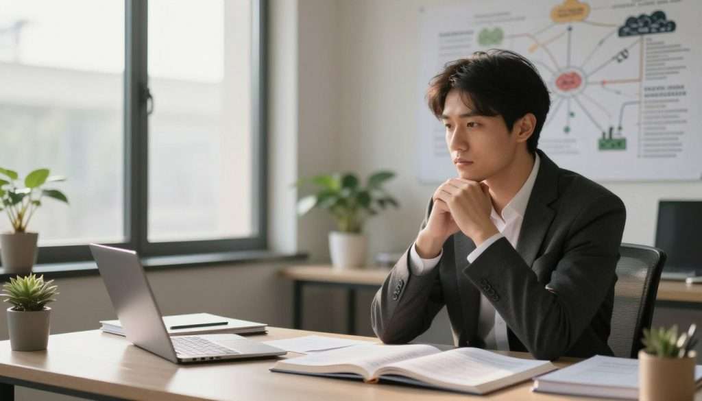 A focused individual in professional business attire sits at a sleek, modern desk littered with open books and problem-solving tools. In the foreground, a thoughtful expression conveys deep contemplation. The middle ground features a large window with soft, natural light streaming in, illuminating a mind map on the wall filled with interconnected ideas and concepts. In the background, a serene office environment is depicted, with plants that symbolize growth and emotional intelligence. The overall atmosphere is calm and reflective, suggesting a space conducive to critical thinking and problem-solving. Soft shadows and highlights from the window emphasize the subject’s facial expression, creating a warm and inviting setting.