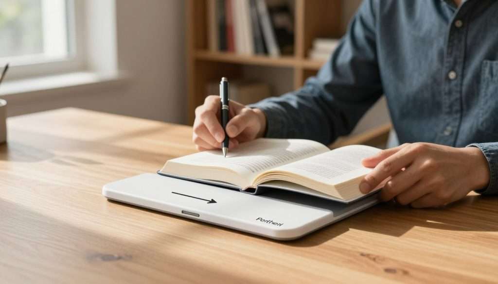 A focused individual sits at a modern wooden desk, attentively engaged in reading a book while utilizing the Pacer Method. In the foreground, a sleek, minimalist reading guide with an arrow visually demonstrates the pacing technique, seamlessly integrated into the scene. The middle ground highlights the reader’s hands gently holding a pen, gliding along the text as they read quickly, emphasizing concentration. Soft, warm natural light streams through a nearby window, casting gentle shadows and creating an inviting atmosphere. In the background, a neatly organized bookshelf filled with various books hints at knowledge and learning, enhancing the mood of productivity and growth. The entire composition conveys a sense of determination and clarity, inspiring viewers to enhance their reading skills effectively. A focused individual sits at a modern wooden desk, attentively engaged in reading a book while utilizing the Pacer Method. In the foreground, a sleek, minimalist reading guide with an arrow visually demonstrates the pacing technique, seamlessly integrated into the scene. The middle ground highlights the reader’s hands gently holding a pen, gliding along the text as they read quickly, emphasizing concentration. Soft, warm natural light streams through a nearby window, casting gentle shadows and creating an inviting atmosphere. In the background, a neatly organized bookshelf filled with various books hints at knowledge and learning, enhancing the mood of productivity and growth. The entire composition conveys a sense of determination and clarity, inspiring viewers to enhance their reading skills effectively.