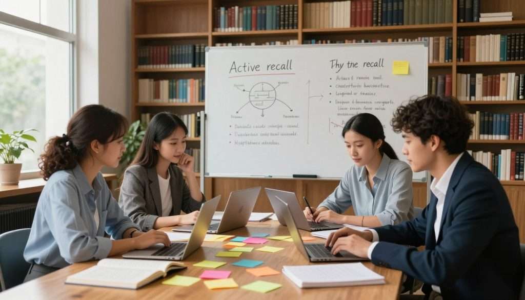 A focused, serene study environment showcasing active learning strategies. In the foreground, a diverse group of three individuals—two women and one man—engaged in collaboration, sitting at a large wooden table cluttered with colorful sticky notes, textbooks, and open laptops, all wearing professional attire. The middle ground features a large whiteboard filled with diagrams and bullet points, illustrating concepts of active recall and hypothesis testing. The background portrays a well-lit, cozy library with tall bookshelves filled with books, and soft natural light streaming through large windows. The atmosphere is vibrant and dynamic, conveying a sense of deep engagement and intellectual curiosity, ideal for illustrating the concept of learning through active recall. A focused, serene study environment showcasing active learning strategies. In the foreground, a diverse group of three individuals—two women and one man—engaged in collaboration, sitting at a large wooden table cluttered with colorful sticky notes, textbooks, and open laptops, all wearing professional attire. The middle ground features a large whiteboard filled with diagrams and bullet points, illustrating concepts of active recall and hypothesis testing. The background portrays a well-lit, cozy library with tall bookshelves filled with books, and soft natural light streaming through large windows. The atmosphere is vibrant and dynamic, conveying a sense of deep engagement and intellectual curiosity, ideal for illustrating the concept of learning through active recall.