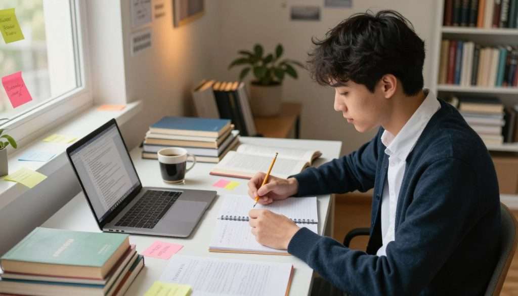 A focused student engaged in active studying at a well-organized desk, surrounded by colorful sticky notes and textbooks. In the foreground, the student, wearing smart casual clothing, is seated with a notepad in one hand and a pencil in the other, looking intently at material in front of them. The middle layer features a cluttered desk with open books, a laptop showing a study app, and a coffee mug, creating an atmosphere of productivity. In the background, a spacious room with a warm window light illuminates a wall of motivational quotes and a bookshelf filled with academic literature. The overall mood is energetic and inspiring, emphasizing engagement and diligence in studying. The composition should be dynamic, captured from a slightly elevated angle to highlight the active recall process. A focused student engaged in active studying at a well-organized desk, surrounded by colorful sticky notes and textbooks. In the foreground, the student, wearing smart casual clothing, is seated with a notepad in one hand and a pencil in the other, looking intently at material in front of them. The middle layer features a cluttered desk with open books, a laptop showing a study app, and a coffee mug, creating an atmosphere of productivity. In the background, a spacious room with a warm window light illuminates a wall of motivational quotes and a bookshelf filled with academic literature. The overall mood is energetic and inspiring, emphasizing engagement and diligence in studying. The composition should be dynamic, captured from a slightly elevated angle to highlight the active recall process.