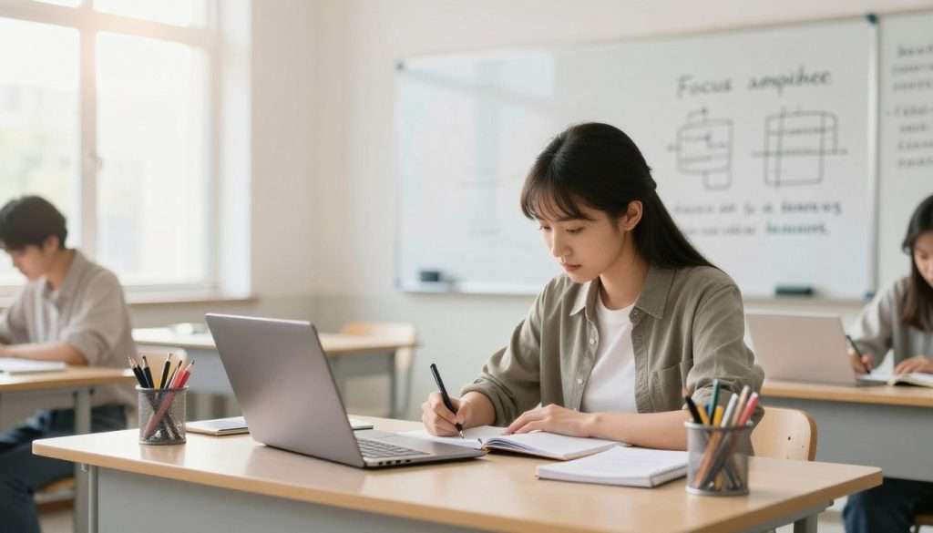 A focused student sitting at a modern desk in a bright, airy classroom. In the foreground, the student, a young woman wearing smart casual attire, is intently writing notes in a notebook, surrounded by organized stationery and a laptop. The middle ground features a whiteboard with diagrams and motivational quotes about focus and productivity. In the distant background, soft sunlight streams through large windows, illuminating the space and creating a warm, inviting atmosphere. The scene captures an ambiance of concentration and engagement, emphasizing the importance of focus during lectures. Use soft natural lighting and a slightly blurred background to draw attention to the student in action, conveying a sense of purpose and determination. A focused student sitting at a modern desk in a bright, airy classroom. In the foreground, the student, a young woman wearing smart casual attire, is intently writing notes in a notebook, surrounded by organized stationery and a laptop. The middle ground features a whiteboard with diagrams and motivational quotes about focus and productivity. In the distant background, soft sunlight streams through large windows, illuminating the space and creating a warm, inviting atmosphere. The scene captures an ambiance of concentration and engagement, emphasizing the importance of focus during lectures. Use soft natural lighting and a slightly blurred background to draw attention to the student in action, conveying a sense of purpose and determination.