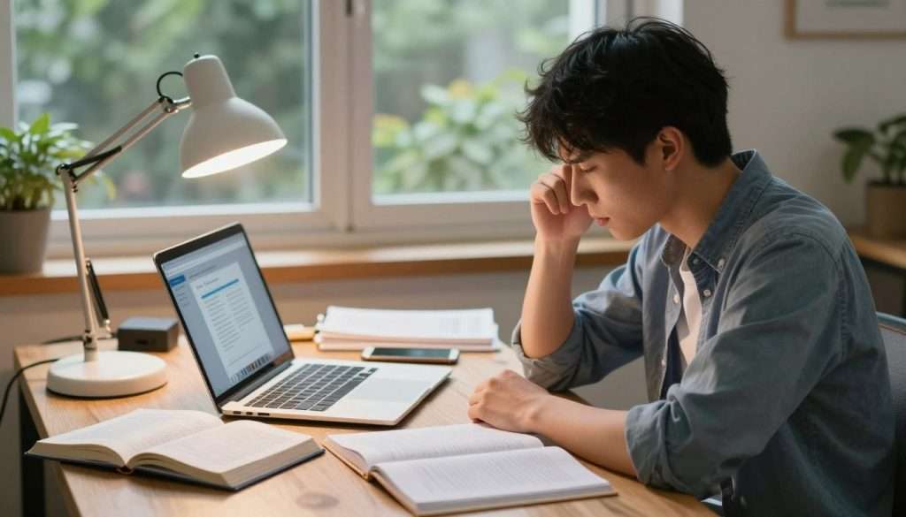 A focused student sitting at a wooden desk cluttered with open textbooks, notebooks, and a laptop displaying a study application. In the foreground, the student, dressed in smart casual attire, furrows their brow in concentration, surrounded by a softly glowing desk lamp. In the middle ground, the laptop's screen casts a gentle, warm light while a smartphone lies face down, deliberately out of reach, symbolizing the temptation of digital distractions. In the background, a window shows a quiet, serene garden blurred softly, enhancing the atmosphere of focus and tranquility. The room is well-lit, with natural light filtering in, creating a calm, studious ambiance, ideal for productive study sessions.