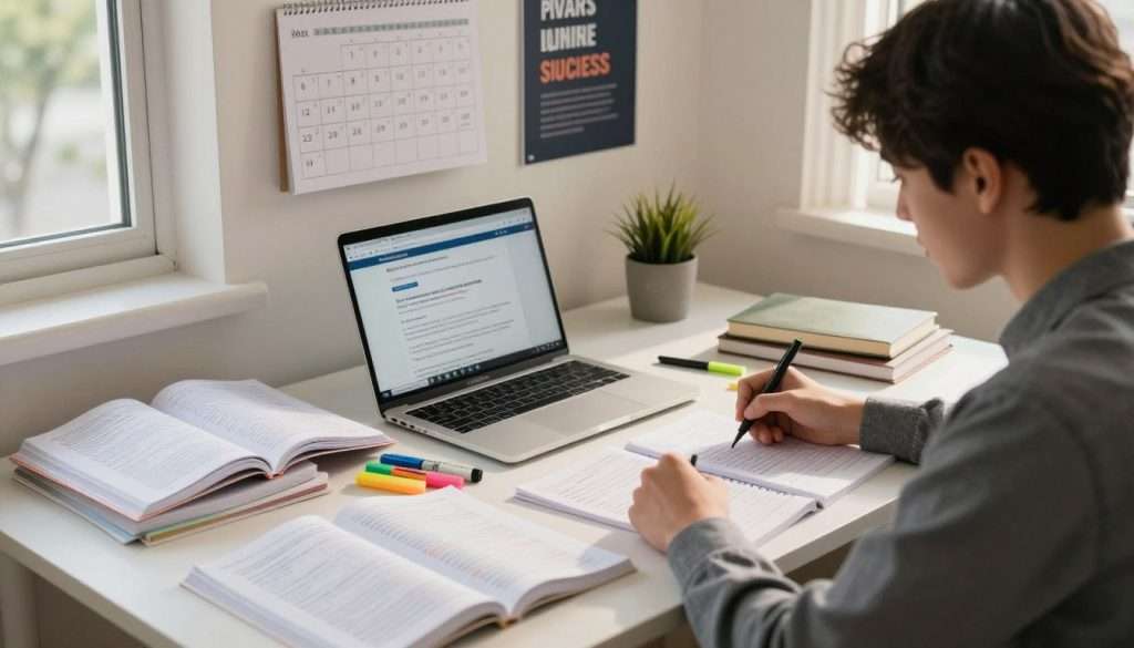A focused study environment featuring a neatly organized desk laden with essential study materials: several open practice test books, colorful highlighters, and a laptop displaying a test preparation website. In the foreground, a student in professional casual attire, deeply engaged, takes notes while glancing at the books. The middle ground includes a wall-mounted calendar showcasing exam dates, alongside motivational posters about success. The background reveals a softly lit room with a large window, allowing warm, natural light to filter in, casting gentle shadows. The atmosphere is one of concentration and determination, emphasizing effective exam preparation through practice tests. The scene is captured from a slightly elevated angle to encompass both the student and study materials effectively. A focused study environment featuring a neatly organized desk laden with essential study materials: several open practice test books, colorful highlighters, and a laptop displaying a test preparation website. In the foreground, a student in professional casual attire, deeply engaged, takes notes while glancing at the books. The middle ground includes a wall-mounted calendar showcasing exam dates, alongside motivational posters about success. The background reveals a softly lit room with a large window, allowing warm, natural light to filter in, casting gentle shadows. The atmosphere is one of concentration and determination, emphasizing effective exam preparation through practice tests. The scene is captured from a slightly elevated angle to encompass both the student and study materials effectively.