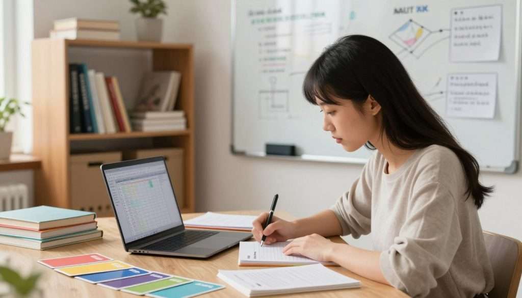 A focused study environment featuring a young woman in modest casual clothing, deeply engaged in her studies. In the foreground, she is surrounded by colorful flashcards and a laptop showcasing a spaced repetition schedule. The middle ground includes a whiteboard filled with diagrams and concepts, illustrating active recall techniques, such as questions and key points. The background displays a tidy bookshelf with neatly organized textbooks and study materials. Soft, natural light filters in through a window, casting a warm glow that creates a focused and inviting atmosphere. The scene captures a sense of motivation and concentration, reflecting effective study techniques in a serene yet productive setting. A focused study environment featuring a young woman in modest casual clothing, deeply engaged in her studies. In the foreground, she is surrounded by colorful flashcards and a laptop showcasing a spaced repetition schedule. The middle ground includes a whiteboard filled with diagrams and concepts, illustrating active recall techniques, such as questions and key points. The background displays a tidy bookshelf with neatly organized textbooks and study materials. Soft, natural light filters in through a window, casting a warm glow that creates a focused and inviting atmosphere. The scene captures a sense of motivation and concentration, reflecting effective study techniques in a serene yet productive setting.