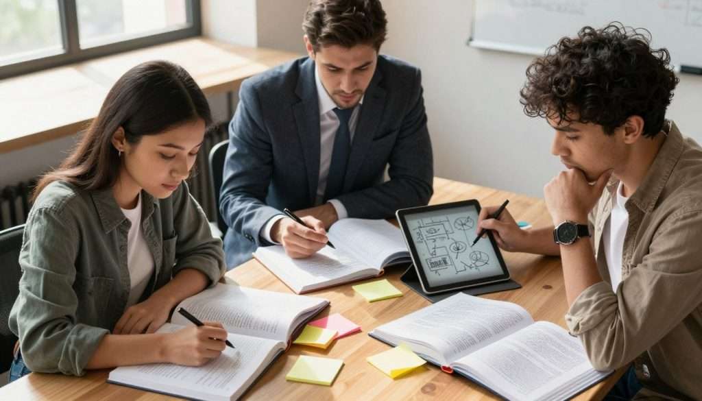 A focused study environment showcasing a diverse group of three individuals engaged in active recall for complex subjects. In the foreground, a young woman in smart casual attire takes notes diligently, surrounded by open textbooks and colorful sticky notes. The middle ground features a man in professional business attire discussing concepts with a concentrated expression, while another person, a thoughtful individual in modest casual clothing, revisits complex diagrams on a digital tablet. In the background, sunlight filters through large windows, casting soft shadows and creating a warm, inviting atmosphere. The scene is well-lit, emphasizing the energy and thoughtfulness of the study session. Use a slightly elevated angle to capture the collaboration and engagement among the learners. A focused study environment showcasing a diverse group of three individuals engaged in active recall for complex subjects. In the foreground, a young woman in smart casual attire takes notes diligently, surrounded by open textbooks and colorful sticky notes. The middle ground features a man in professional business attire discussing concepts with a concentrated expression, while another person, a thoughtful individual in modest casual clothing, revisits complex diagrams on a digital tablet. In the background, sunlight filters through large windows, casting soft shadows and creating a warm, inviting atmosphere. The scene is well-lit, emphasizing the energy and thoughtfulness of the study session. Use a slightly elevated angle to capture the collaboration and engagement among the learners.