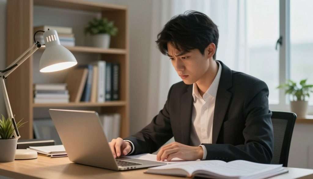 A focused study environment with a young adult in a professional business outfit seated at a tidy desk, surrounded by open books and notes. The foreground features a close-up of the individual, with a slight furrow of concentration on their face, illuminated by warm desk lamp lighting that casts a gentle glow. In the middle ground, an organized bookshelf filled with academic texts and plants creates a calming atmosphere. The background showcases a large window with soft, diffused daylight filtering in, enhancing clarity and focus. The overall mood conveys concentration and clarity, with a blend of soft tones and sharp edges, symbolizing effective cognitive management and editorial pacing in study sessions. A focused study environment with a young adult in a professional business outfit seated at a tidy desk, surrounded by open books and notes. The foreground features a close-up of the individual, with a slight furrow of concentration on their face, illuminated by warm desk lamp lighting that casts a gentle glow. In the middle ground, an organized bookshelf filled with academic texts and plants creates a calming atmosphere. The background showcases a large window with soft, diffused daylight filtering in, enhancing clarity and focus. The overall mood conveys concentration and clarity, with a blend of soft tones and sharp edges, symbolizing effective cognitive management and editorial pacing in study sessions.