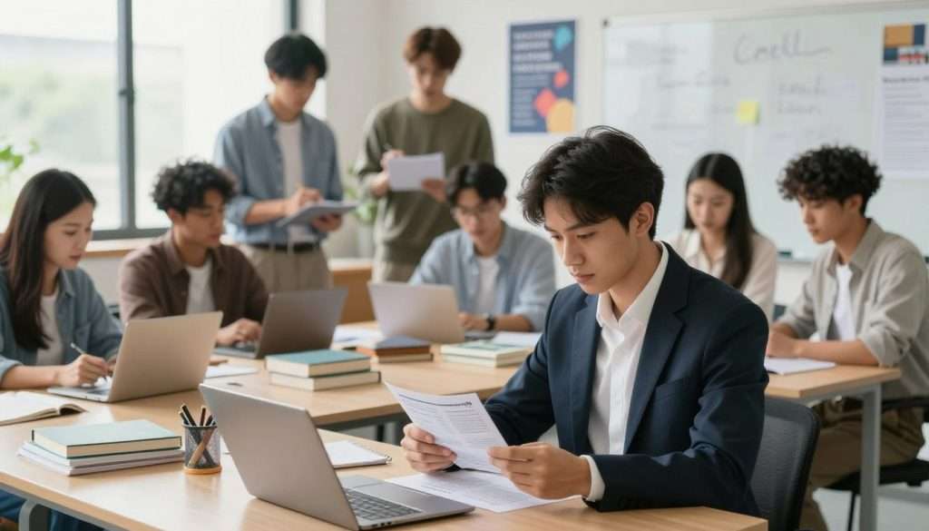 A focused study scene depicting a diverse group of young professionals engaged in active recall techniques. In the foreground, one individual in professional business attire is reviewing flashcards, with a look of concentration on their face. Surrounding them are colleagues discussing concepts, writing notes on a whiteboard, and sharing ideas. The middle ground features a large table cluttered with textbooks, notebooks, and digital devices illustrating a collaborative learning environment. The background shows a bright, modern classroom with motivational posters about learning. Soft, natural lighting floods the scene through large windows, casting gentle shadows and creating an atmosphere of focus and motivation. The overall mood emphasizes determination, teamwork, and the diligence required to avoid pitfalls in active recall. A focused study scene depicting a diverse group of young professionals engaged in active recall techniques. In the foreground, one individual in professional business attire is reviewing flashcards, with a look of concentration on their face. Surrounding them are colleagues discussing concepts, writing notes on a whiteboard, and sharing ideas. The middle ground features a large table cluttered with textbooks, notebooks, and digital devices illustrating a collaborative learning environment. The background shows a bright, modern classroom with motivational posters about learning. Soft, natural lighting floods the scene through large windows, casting gentle shadows and creating an atmosphere of focus and motivation. The overall mood emphasizes determination, teamwork, and the diligence required to avoid pitfalls in active recall.