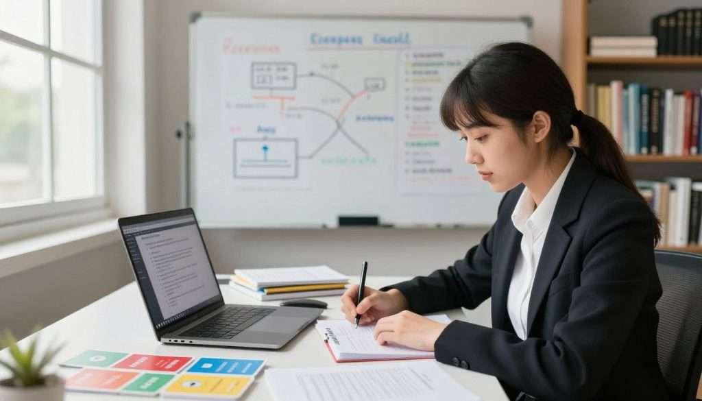 A focused study space featuring a young woman in professional business attire, immersed in active recall techniques. In the foreground, she sits at a desk cluttered with colorful flashcards and a laptop displaying study materials. The middle ground includes a large whiteboard filled with diagrams and notes, emphasizing the importance of visual learning. Soft, natural light streams in through a nearby window, creating an inviting and productive atmosphere. In the background, a bookshelf filled with educational resources symbolizes knowledge and continuous learning. The overall mood is one of concentration and determination, highlighting the common pitfalls of passive learning contrasted with dynamic, engaging study methods. Camera angle is slightly elevated, capturing the scholar's engaged expression. A focused study space featuring a young woman in professional business attire, immersed in active recall techniques. In the foreground, she sits at a desk cluttered with colorful flashcards and a laptop displaying study materials. The middle ground includes a large whiteboard filled with diagrams and notes, emphasizing the importance of visual learning. Soft, natural light streams in through a nearby window, creating an inviting and productive atmosphere. In the background, a bookshelf filled with educational resources symbolizes knowledge and continuous learning. The overall mood is one of concentration and determination, highlighting the common pitfalls of passive learning contrasted with dynamic, engaging study methods. Camera angle is slightly elevated, capturing the scholar's engaged expression.